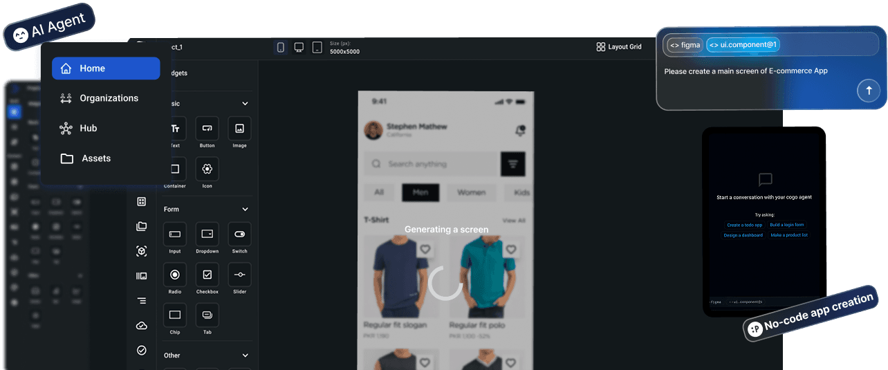 Cogo App Builder Interface - AI-powered no-code app creation tool
